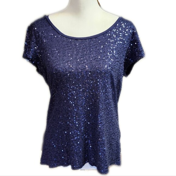 Calvin Klein 100% Cotton Tee T-shirt, Navy Blue With Small Sequins, M - Picture 1 of 9